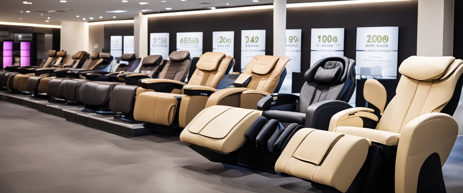 A variety of massage chairs in a showroom, with price tags showing a wide range of prices. Some chairs have more features, but not necessarily better quality