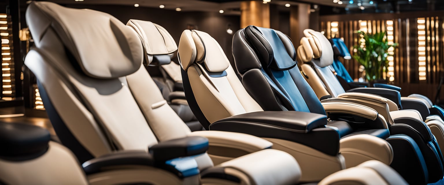 A variety of massage chairs at different prices, highlighting features and quality. Show a range of designs and technology to convey the price differences and the question of whether higher cost equals better quality